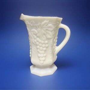 Octagon Footed Grapes & Leaves Milk Glass Pitcher